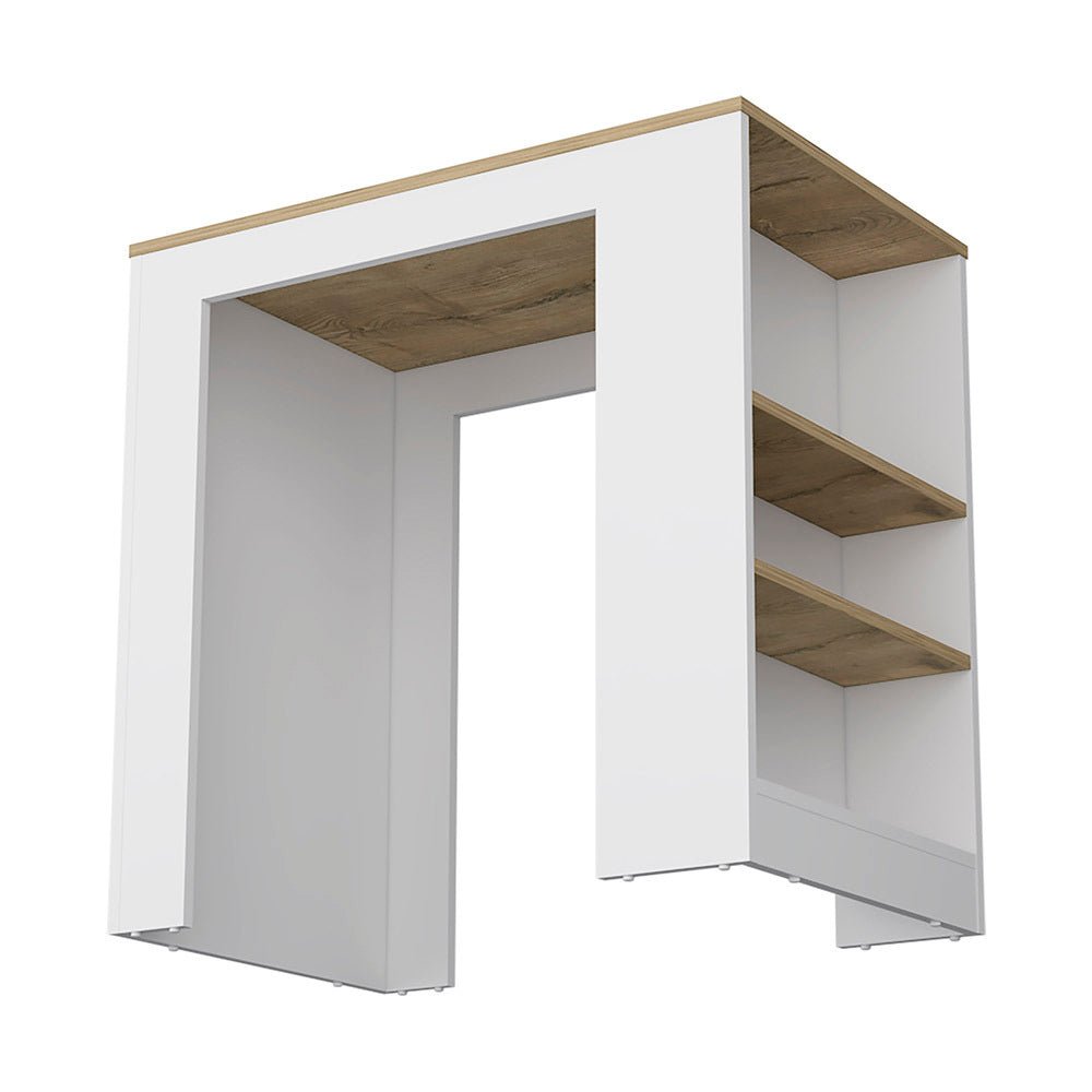 Anthony & Home Harlan Reserve kitchen island with three-sided shelf, showcasing durable wood surface and ample storage space.