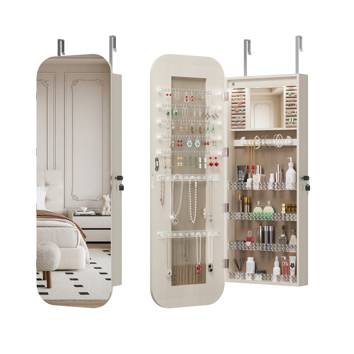 Anthony & Home HD Glass Mirror Jewelry Cabinet Armoire, exclusive edition with interior compartments and a sleek glass mirror.