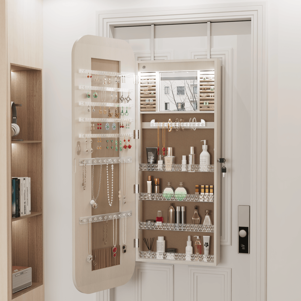 Anthony & Home HD glass mirror jewelry cabinet armoire with multiple compartments and a sleek, reflective surface for organized jewelry storage.