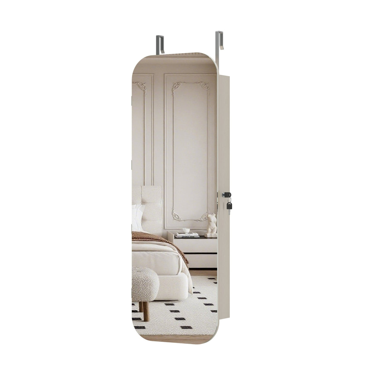HD glass mirror jewelry cabinet armoire by Anthony & Home with a sleek, reflective surface and multiple jewelry storage compartments.