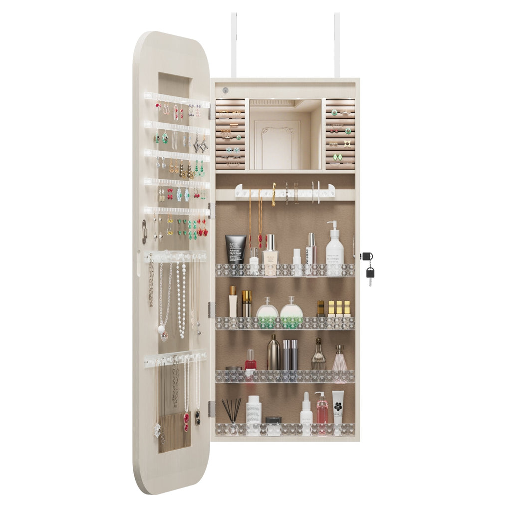 Anthony & Home HD glass mirror jewelry cabinet armoire with sleek design and multiple storage compartments, shown open with jewelry inside.