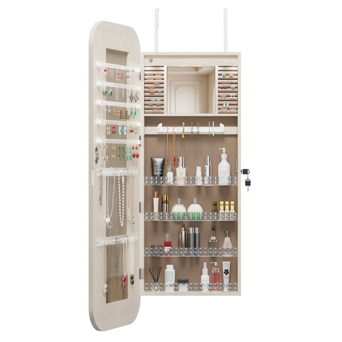 Anthony & Home HD glass mirror jewelry cabinet armoire with sleek design and multiple storage compartments, shown open with jewelry inside.