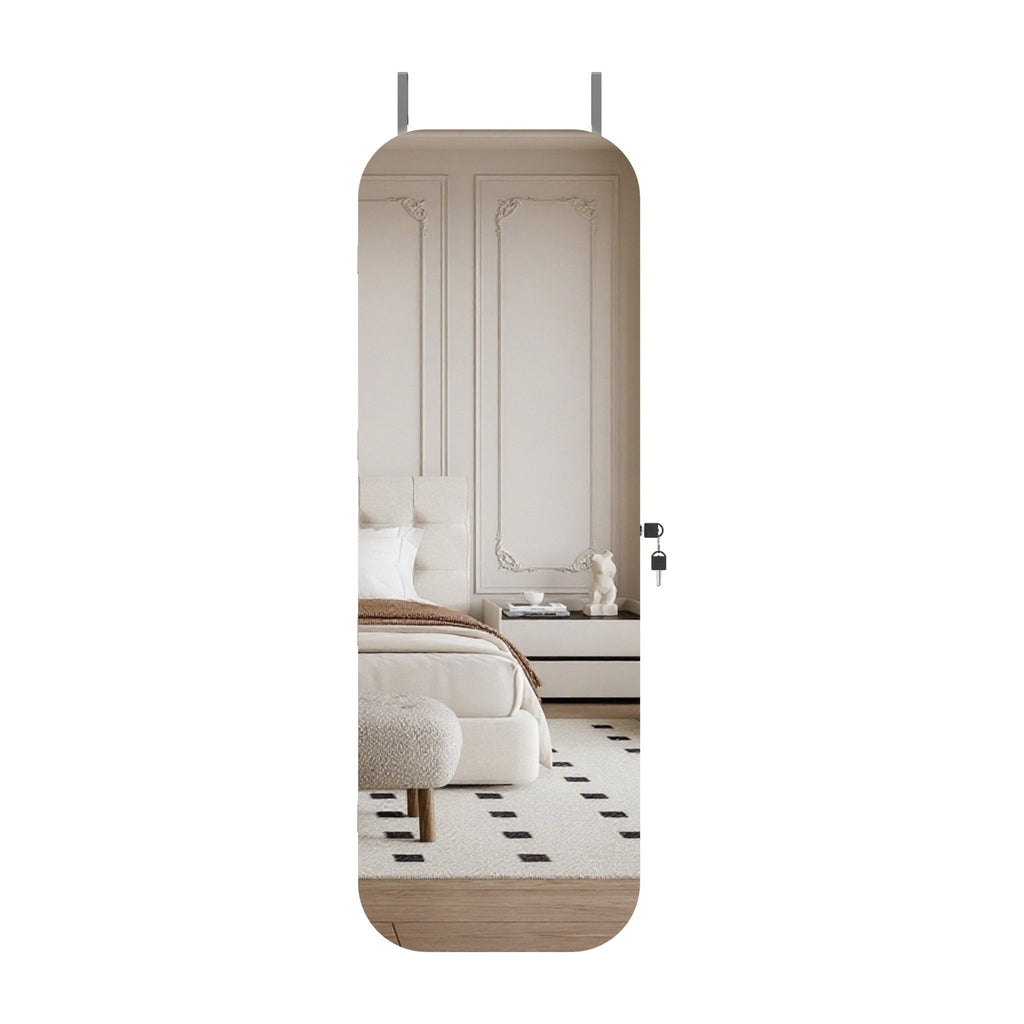 HD glass mirror jewelry cabinet armoire by Anthony & Home, featuring a sleek design with multiple compartments and a reflective glass surface.