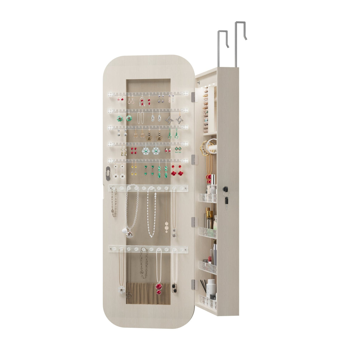 Anthony & Home HD glass mirror jewelry cabinet armoire with multiple compartments and a sleek, modern design.