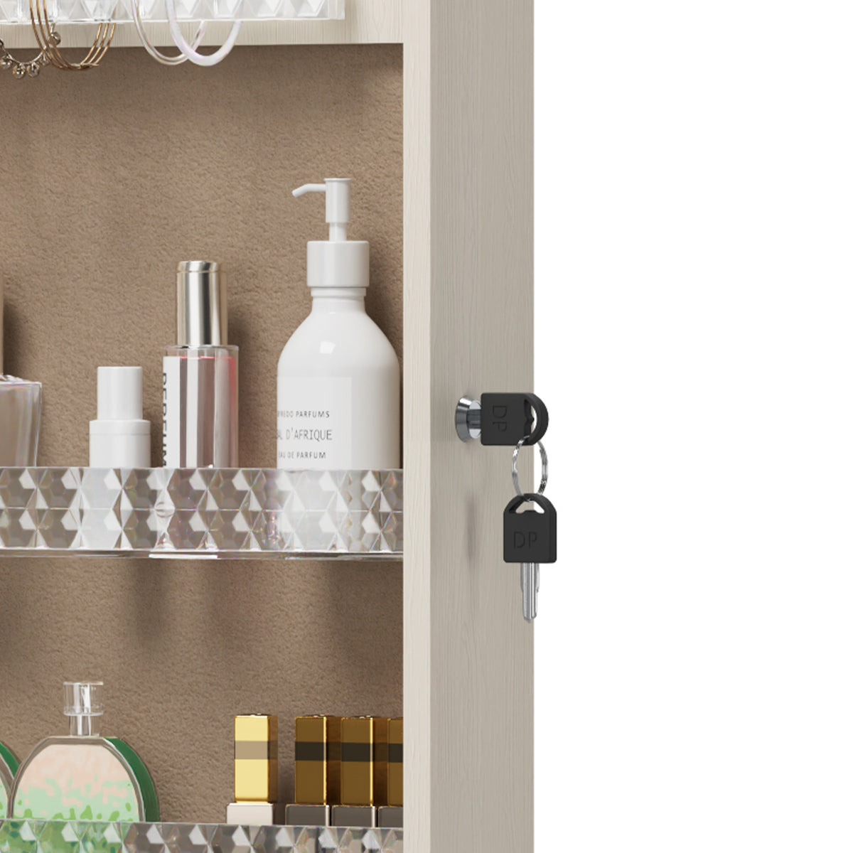 Anthony & Home HD glass mirror jewelry cabinet armoire with multiple compartments and a sleek, reflective surface.