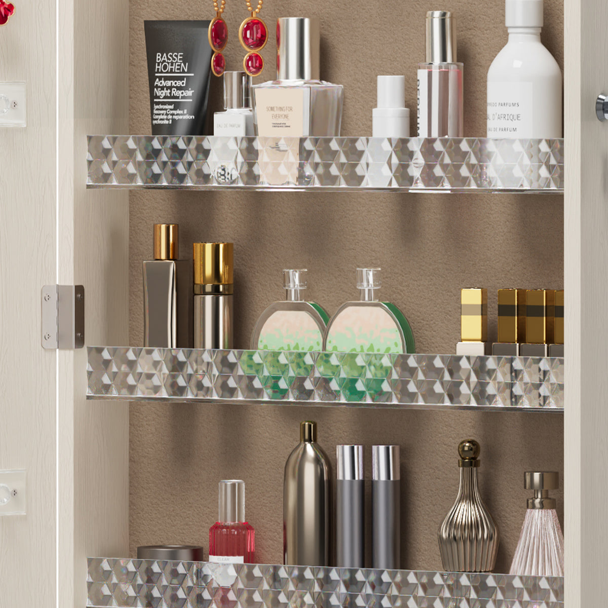 Anthony & Home HD Glass Mirror Jewelry Cabinet Armoire, exclusive edition, featuring a large glass mirror and organized jewelry storage.