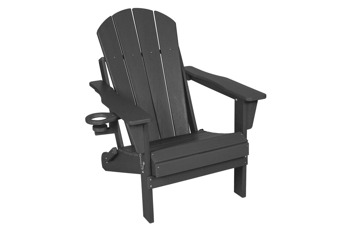 Anthony & Home HDPE folding Adirondack chair in coastal gray with wood-textured finish, ideal for outdoor patio seating.