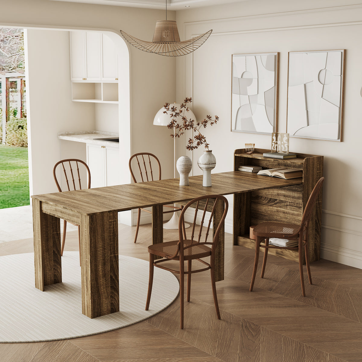 Extendable Heritage Collection dining table by Anthony & Home with polished wood surface and sleek design.