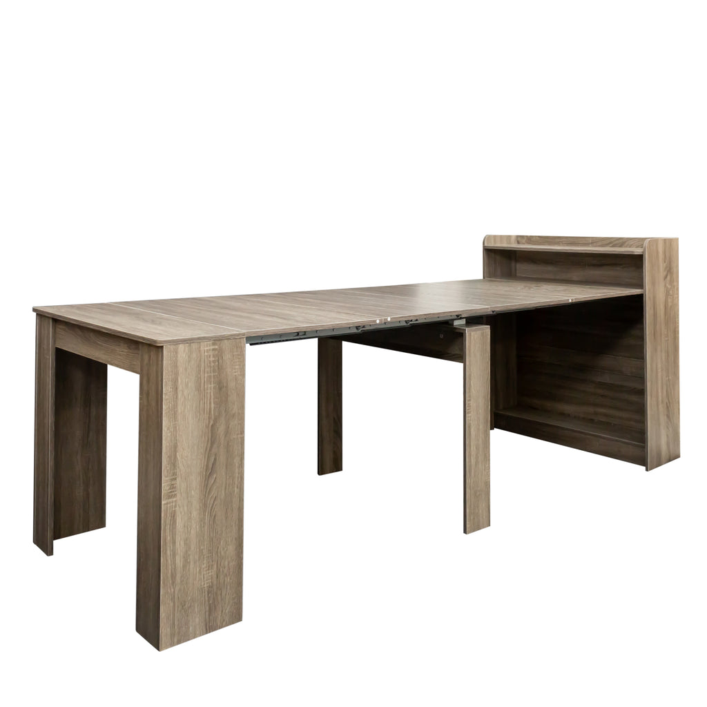 Extendable Heritage Collection dining table by Anthony & Home, showing polished wood surface and adjustable length in a modern dining room.