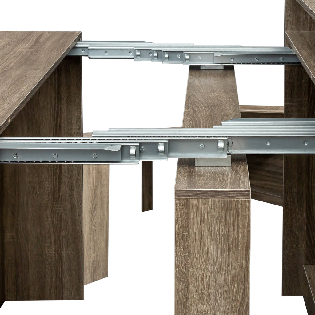 Extendable Anthony & Home Heritage Collection dining table with wood finish and sturdy legs, shown in a modern dining room setting.