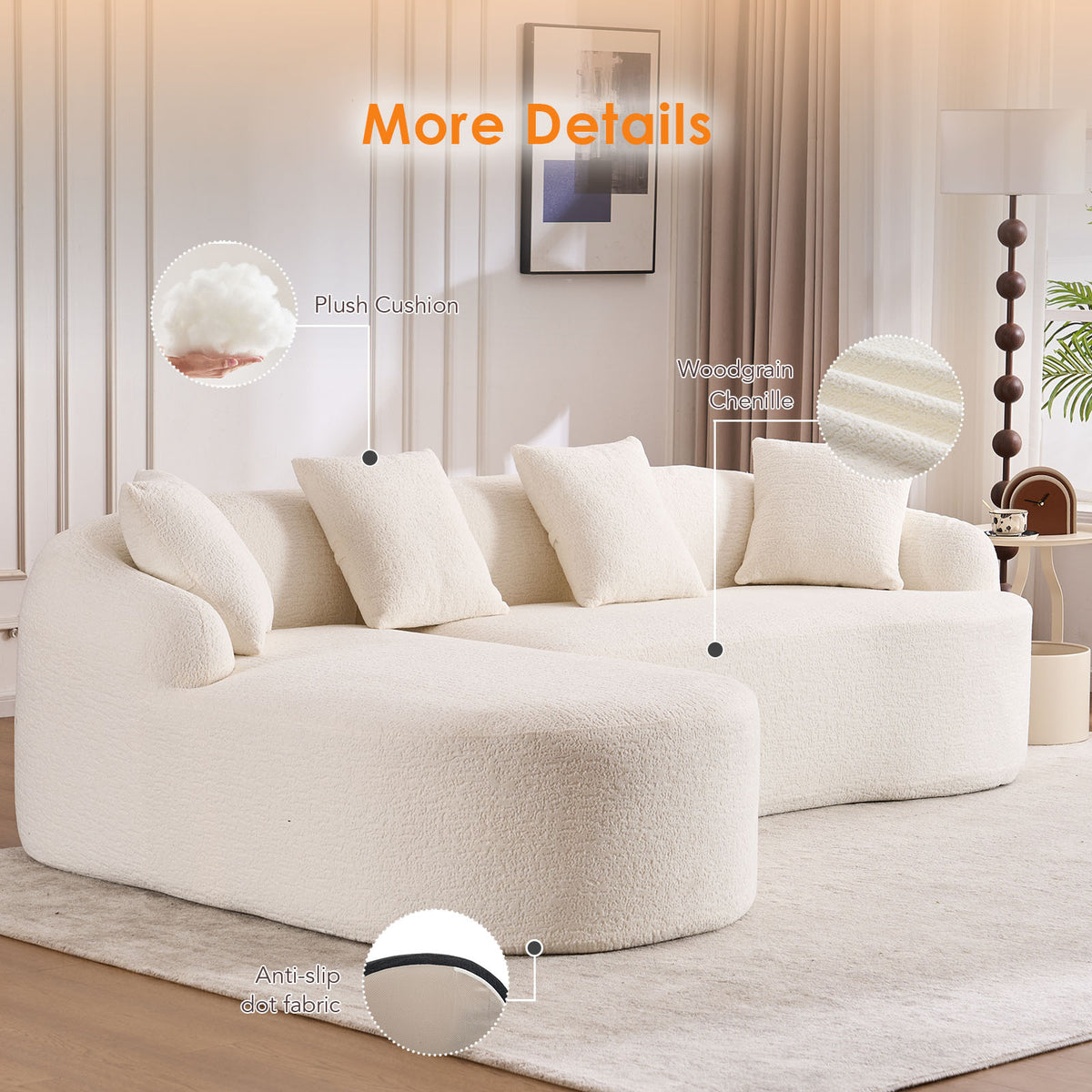 Anthony & Home Heritage Collection L-shaped sectional with curved chaise, featuring elegant, minimalist design in a modern living room setting.