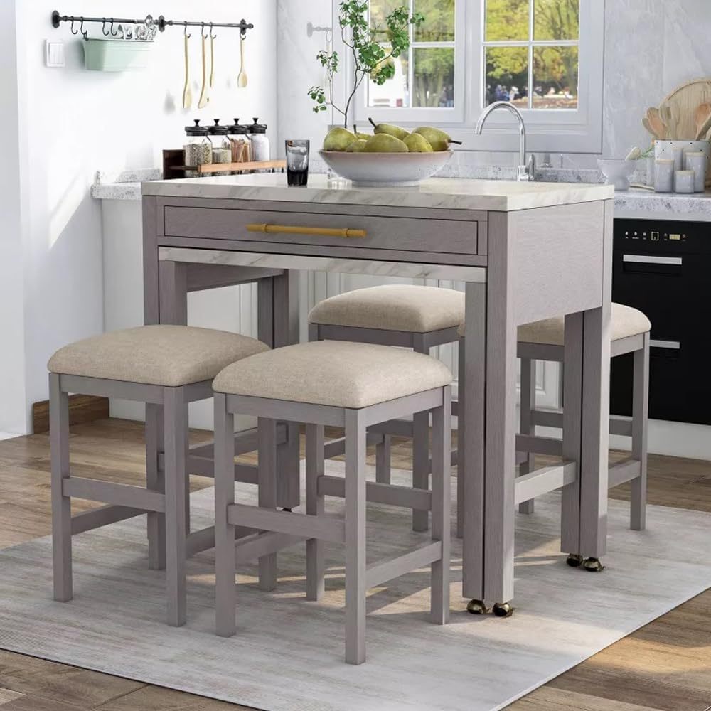 Anthony & Home Heritage counter-height dining set with faux marble top, featuring four chairs around a stylish round table.