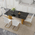 Heritage Gold glass dining table set with six Anthony & Home chairs, featuring a modern design and elegant gold accents.