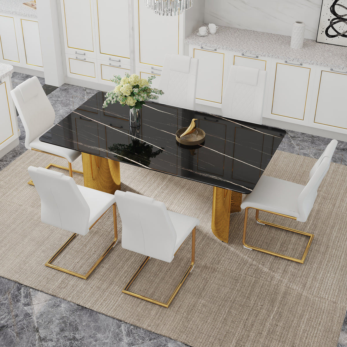Heritage Gold glass dining table set with six Anthony & Home chairs, featuring a modern design and elegant gold accents.