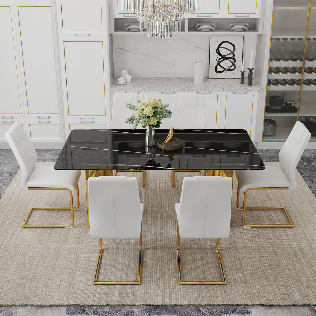 Heritage Gold glass dining table set with six Anthony & Home chairs, featuring a stylish and elegant dining room arrangement.