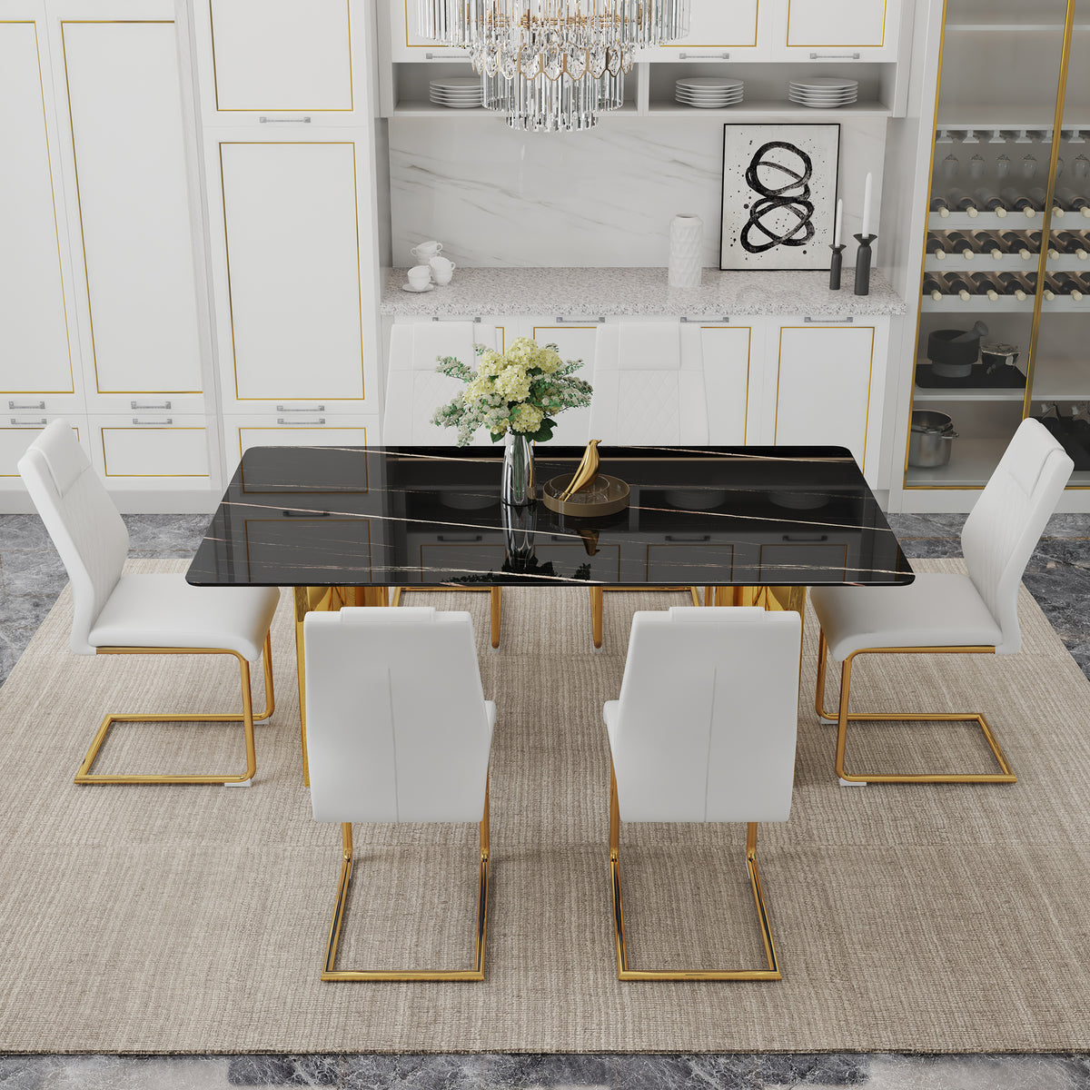 Heritage Gold glass dining table set with six Anthony & Home chairs, featuring a stylish and elegant dining room arrangement.