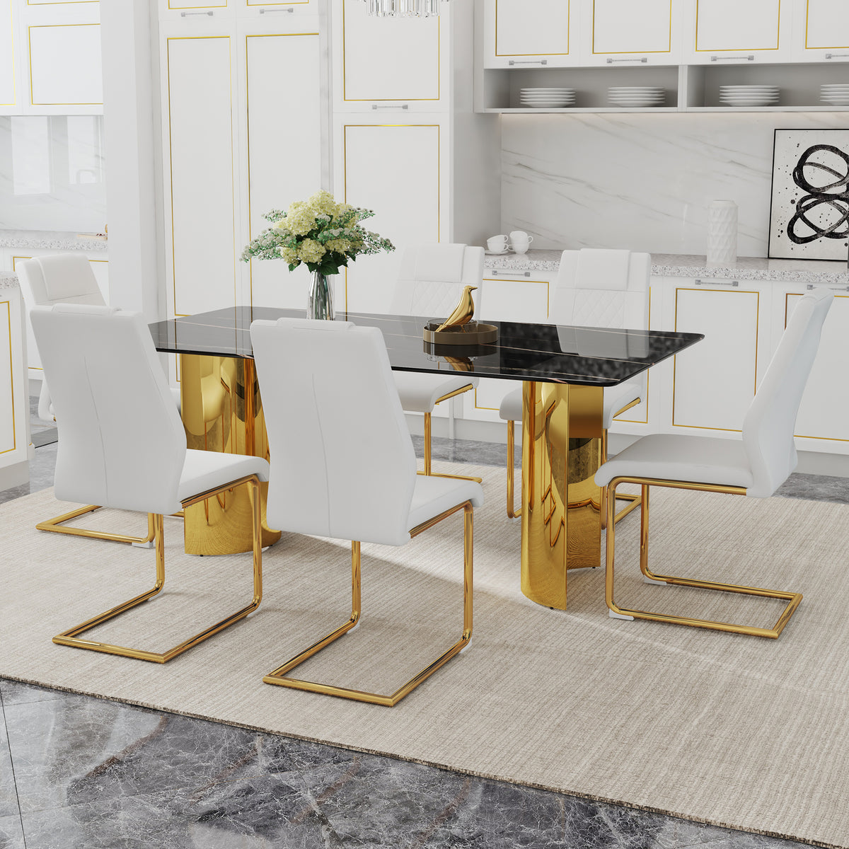 Heritage Gold glass dining table set with six chairs by Anthony & Home, featuring a sleek glass top and elegant gold accents.