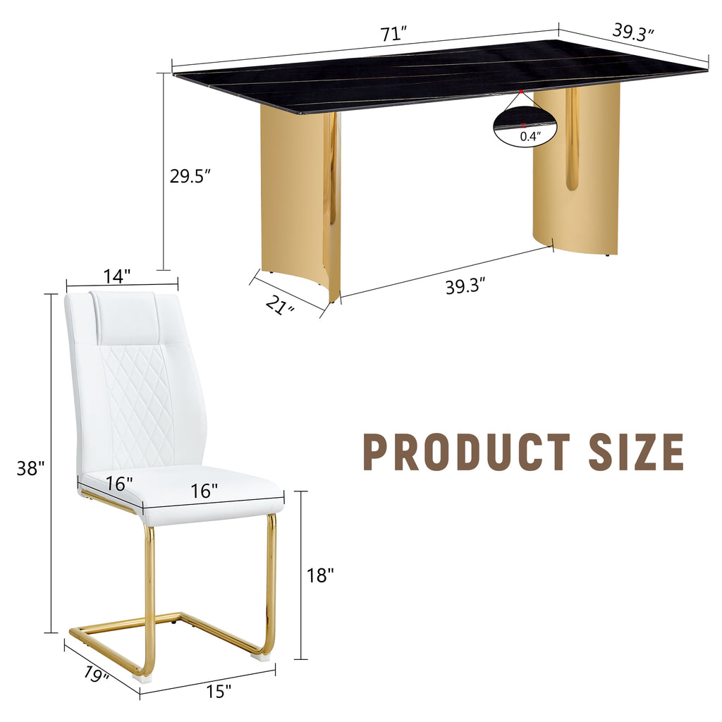 Heritage Gold glass dining table set with six Anthony & Home chairs, featuring a sleek gold-finished table and plush upholstered seats.