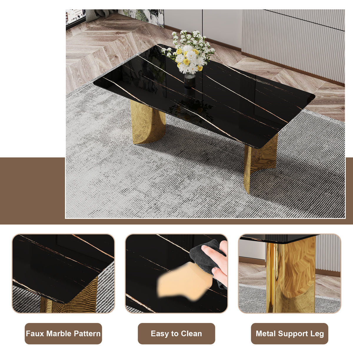 Heritage Gold glass dining table set with six chairs by Anthony & Home, featuring a sleek gold finish and modern design.