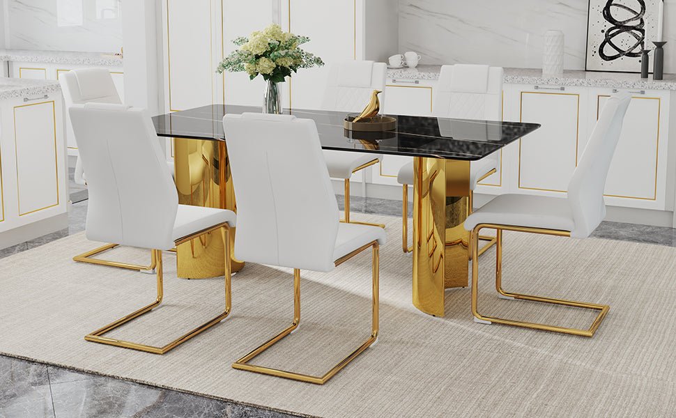 Heritage Gold glass dining table set with six Anthony & Home chairs, showcasing a modern, elegant dining room arrangement.
