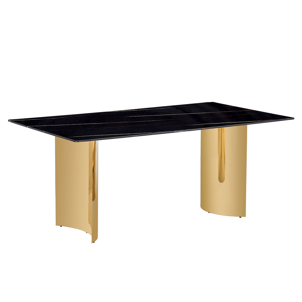 Heritage Gold glass dining table set with six Anthony & Home chairs, featuring a stylish gold finish and modern design.