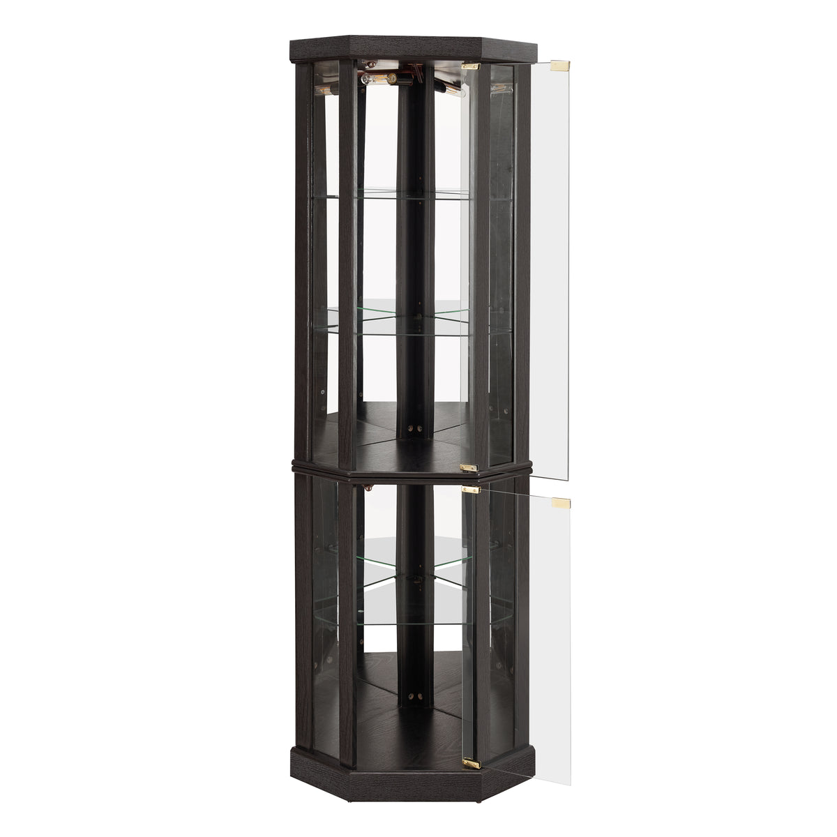 Heritage Lighted Corner Curio Cabinet by Anthony & Home with glass display for antiques and wine collection.