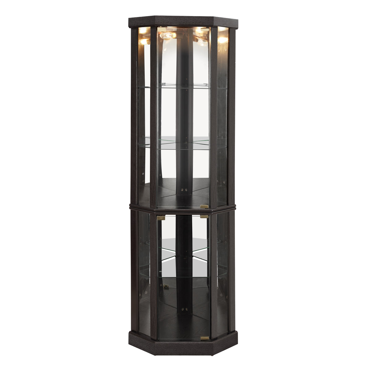 Anthony & Home Heritage lighted corner curio cabinet with glass display for antiques and wines collection.