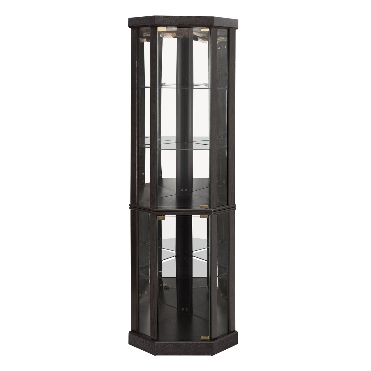 Anthony & Home Heritage Lighted Corner Curio Cabinet with glass display for antiques and wine collection, showcasing elegant storage.