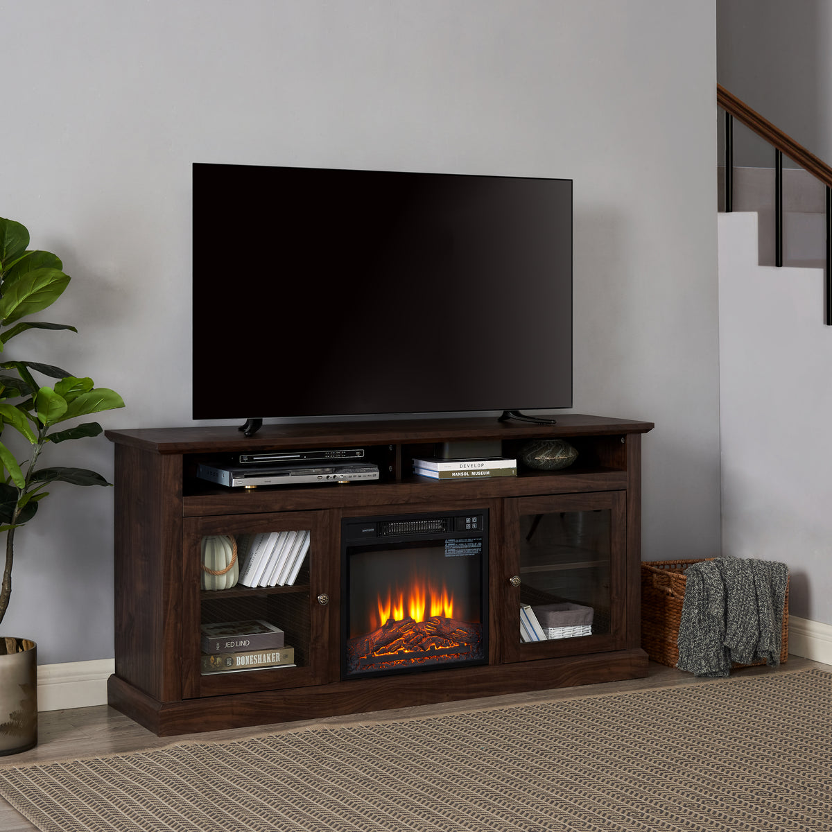 Brown wood Heritage Media Console with built-in fireplace, 60-inch length, by Anthony & Home, featuring modern design and storage.