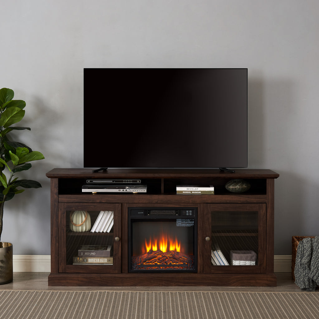 Brown wood Heritage media console with fireplace, 60-inch Anthony & Home entertainment stand, modern design with built-in fireplace.