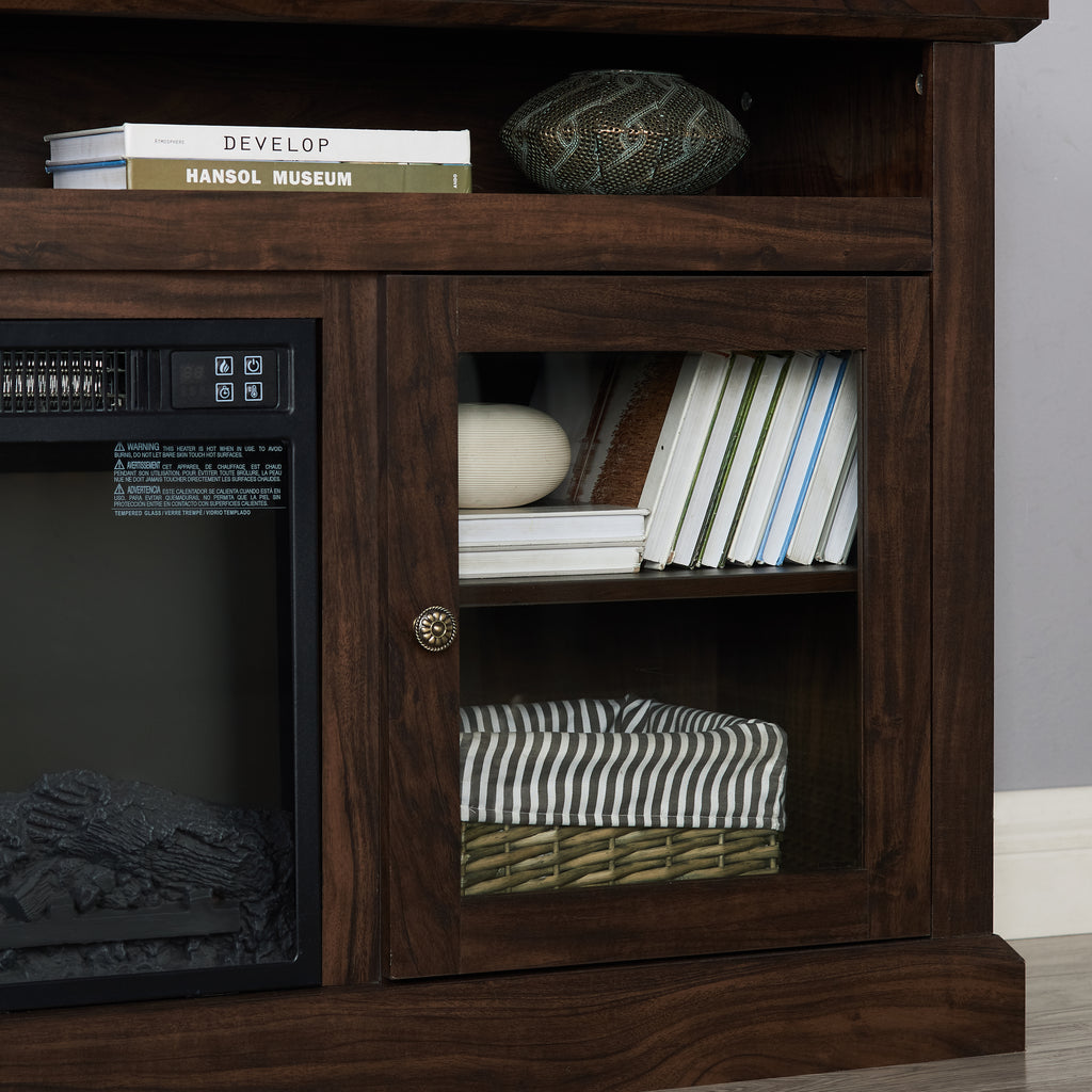Brown wood Heritage Media Console with fireplace, 60-inch Anthony & Home entertainment stand with storage compartments.