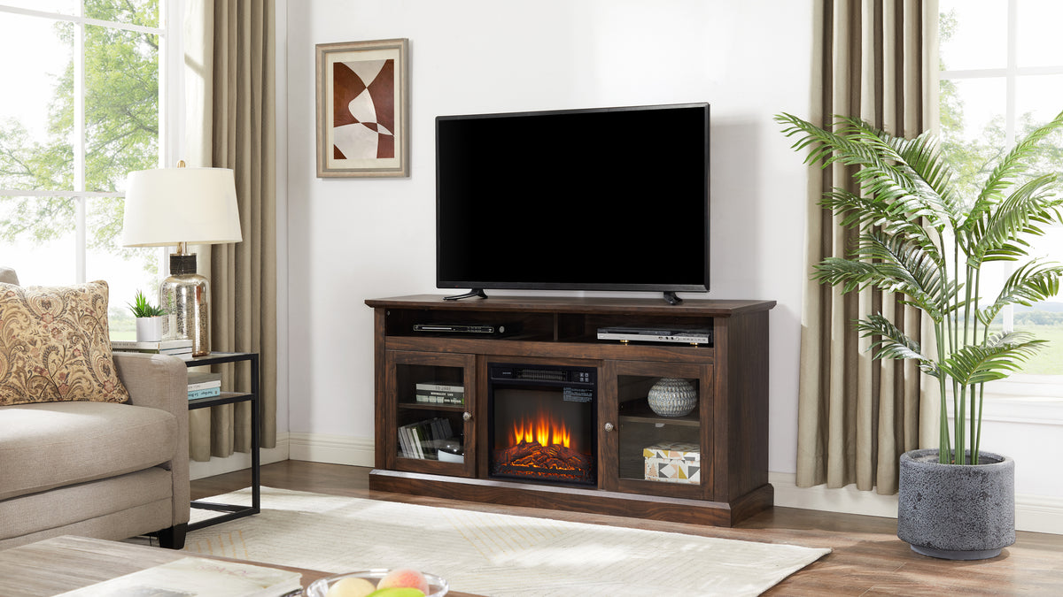 Brown wood Heritage media console with fireplace, 60-inch Anthony & Home entertainment stand showing open shelves and built-in fireplace.