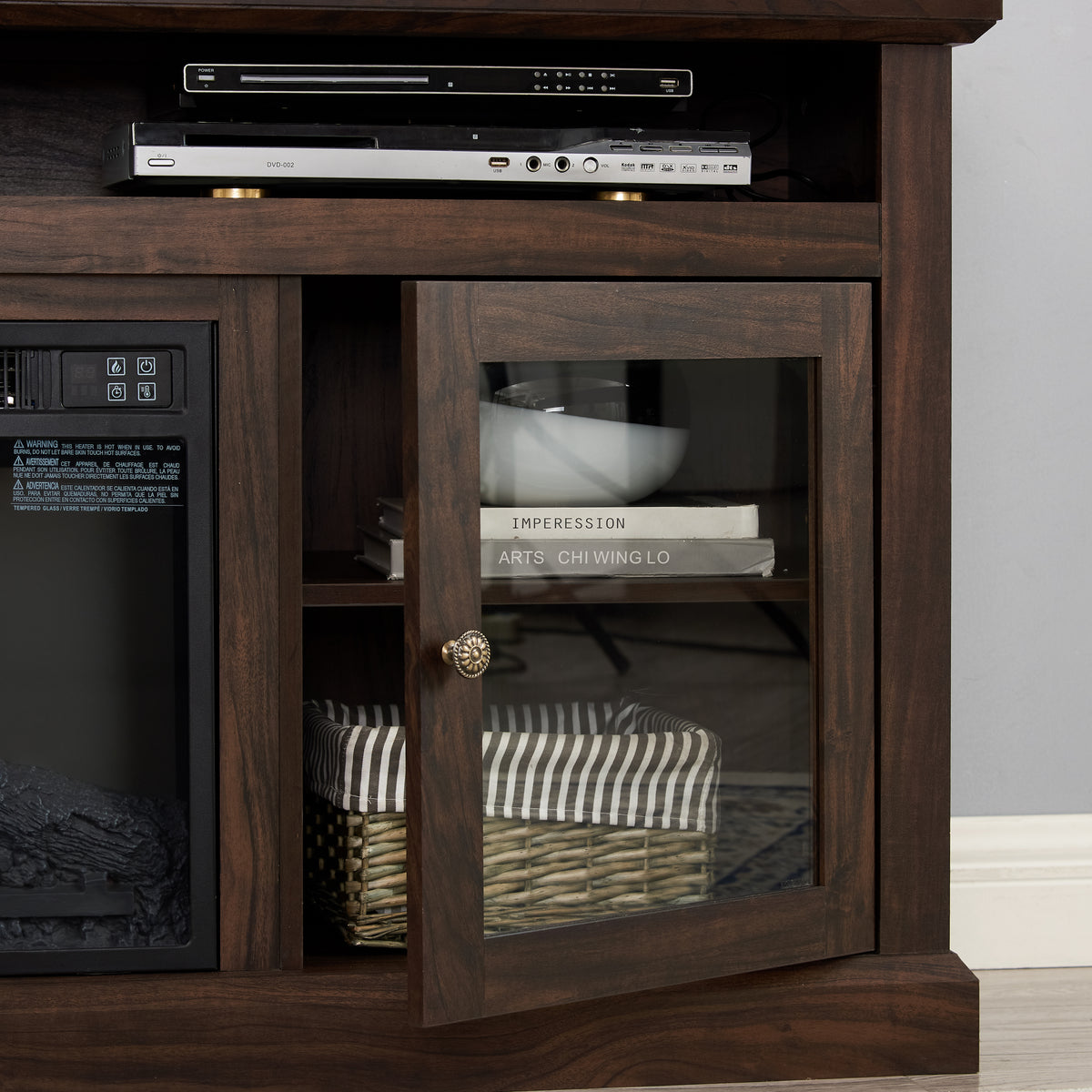 Brown wood Heritage Media Console with fireplace, 60-inch Anthony & Home entertainment stand with built-in electric fireplace.