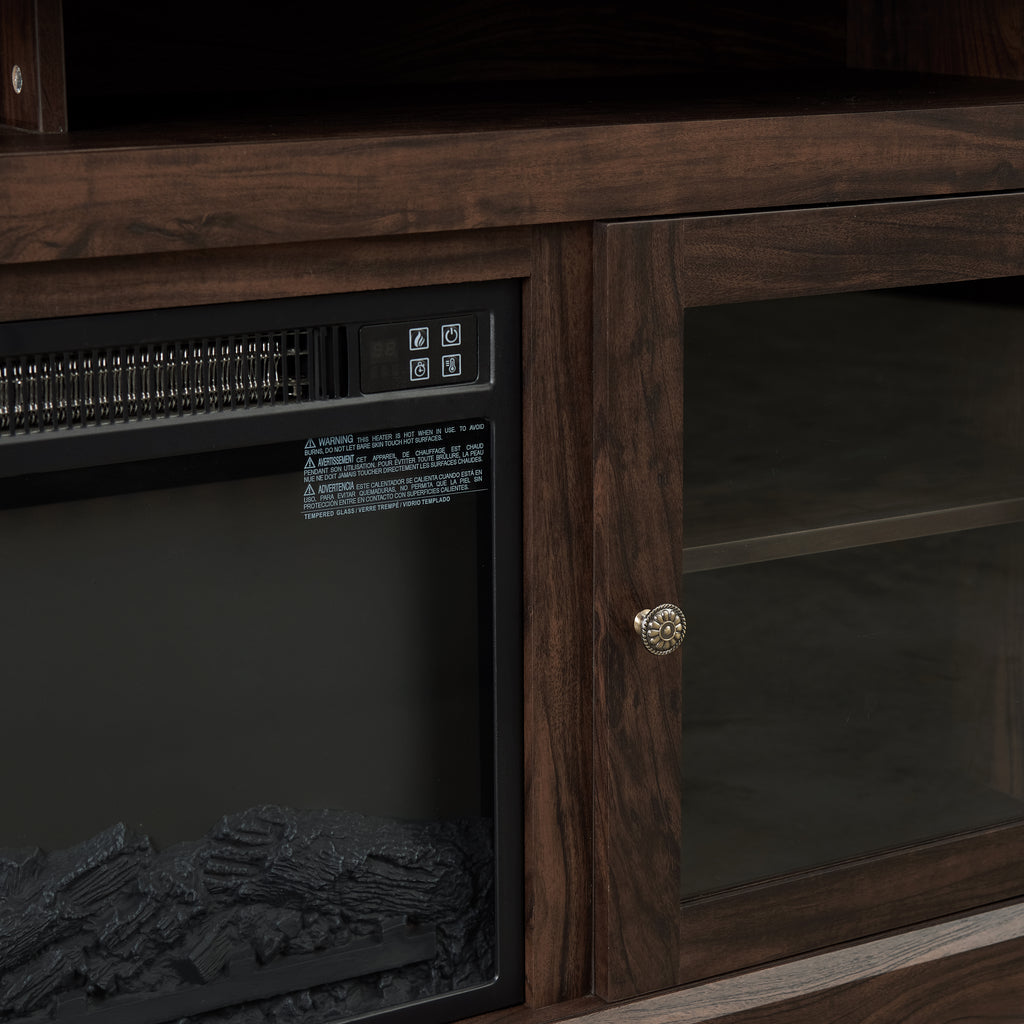 Brown wood Heritage Media Console with built-in fireplace, 60-inch Anthony & Home entertainment stand with modern design.