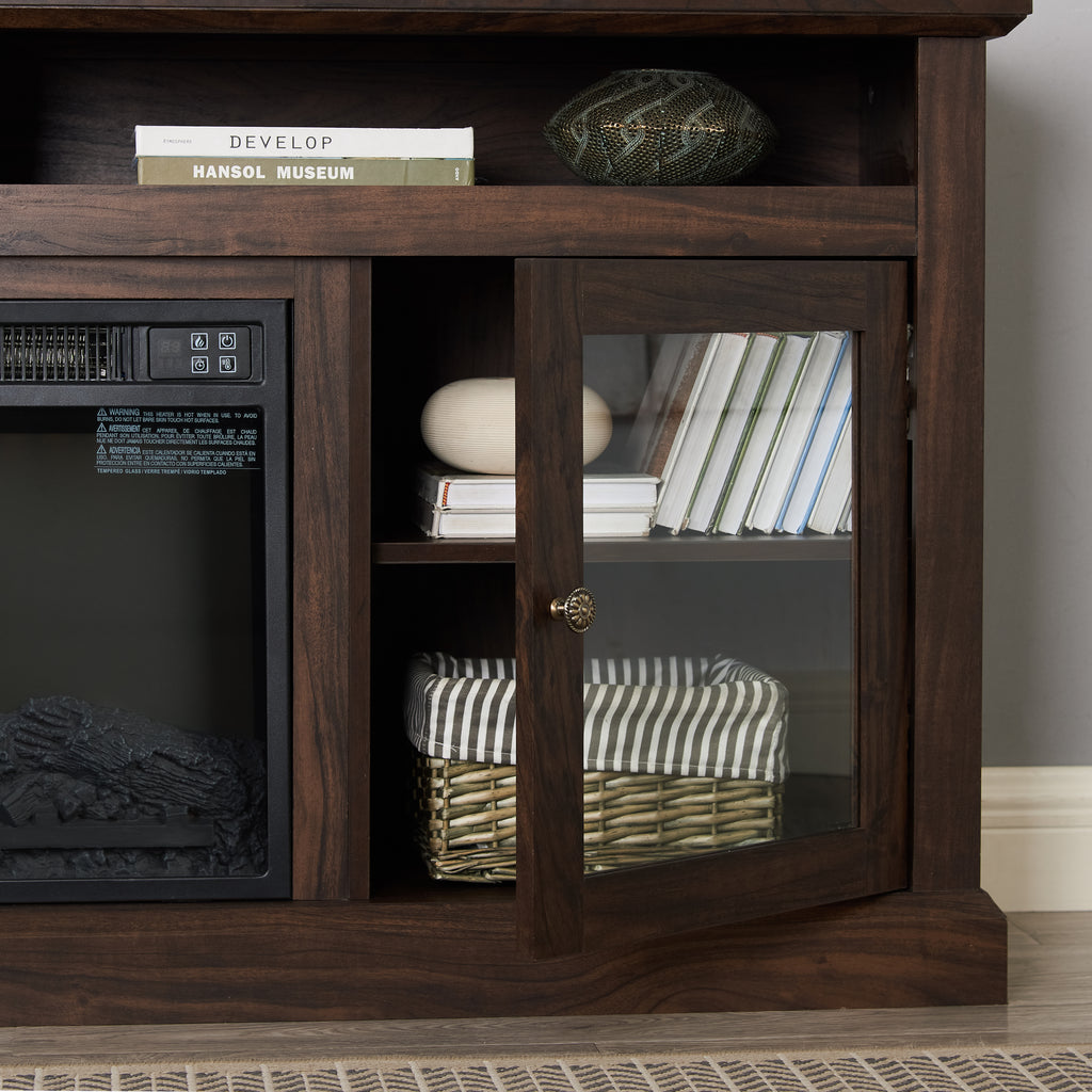 Brown wood Heritage Media Console with built-in fireplace, 60-inch Anthony & Home entertainment stand, modern design.