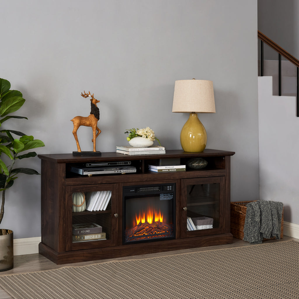 Brown wood Heritage Media Console with built-in fireplace, 60-inch Anthony & Home furniture piece, showcasing storage and cozy ambiance.