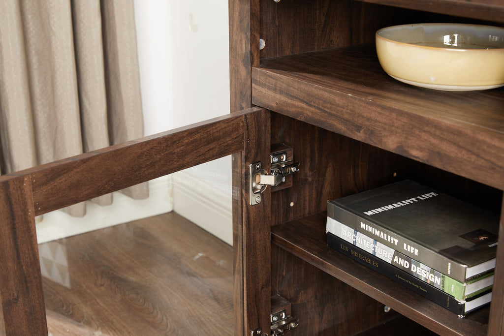 Brown wood Heritage Media Console with fireplace, 60-inch length, by Anthony & Home, showing the console with built-in electric fireplace.