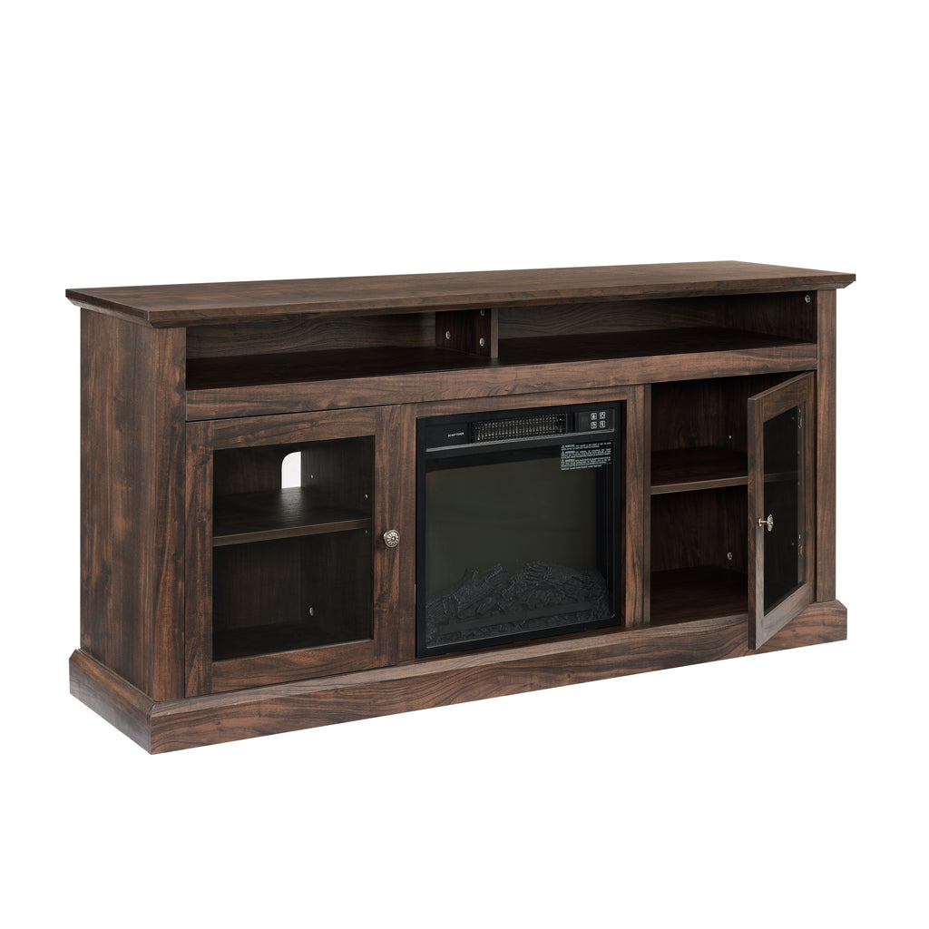 Brown wood Heritage media console with fireplace, 60-inch Anthony & Home entertainment center, modern design and storage.