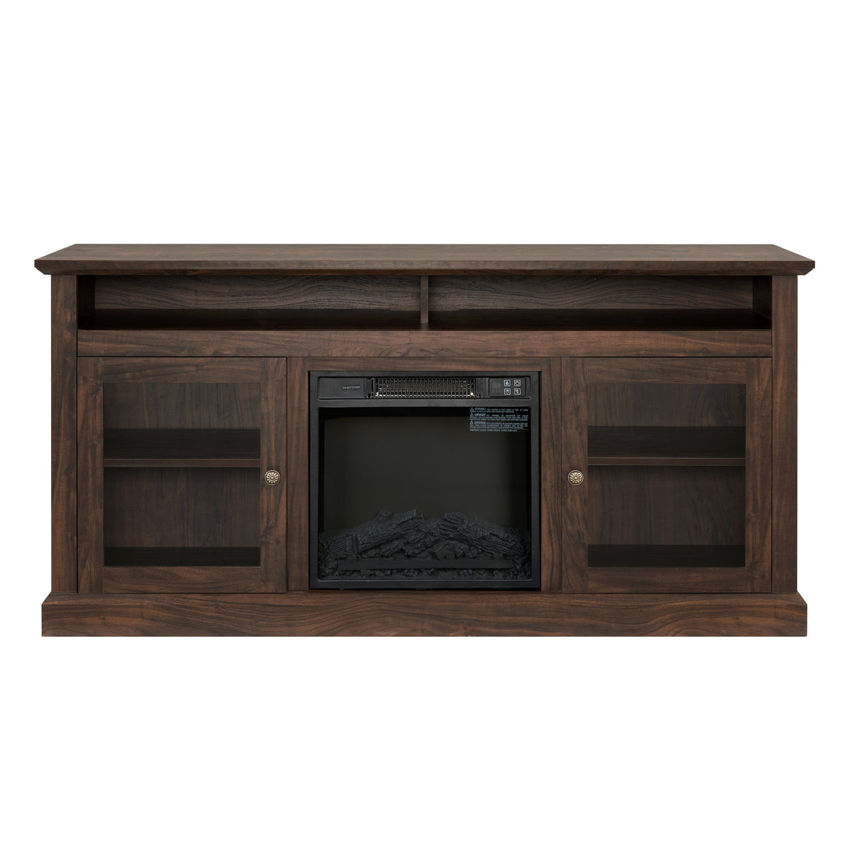 Brown wood Heritage media console with fireplace, 60-inch width, by Anthony & Home, showcasing storage shelves and electric fireplace.