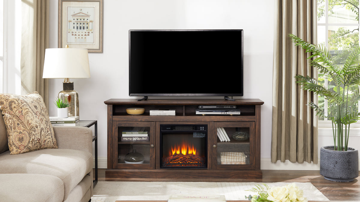 Brown wood Heritage media console with built-in fireplace, 60-inch Anthony & Home entertainment stand with modern design