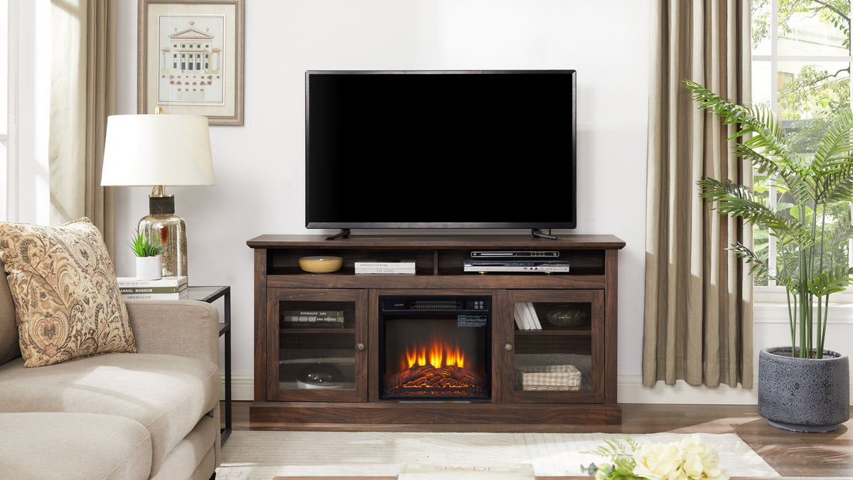 Brown wood Heritage Media Console with fireplace, 60-inch Anthony & Home entertainment stand with built-in electric fireplace.