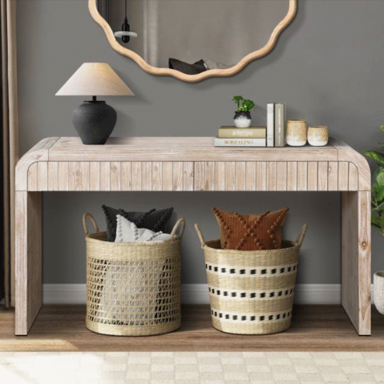 Heritage solid wood console table by Anthony & Home with hidden drawers, showcasing a classic design and smooth finish.