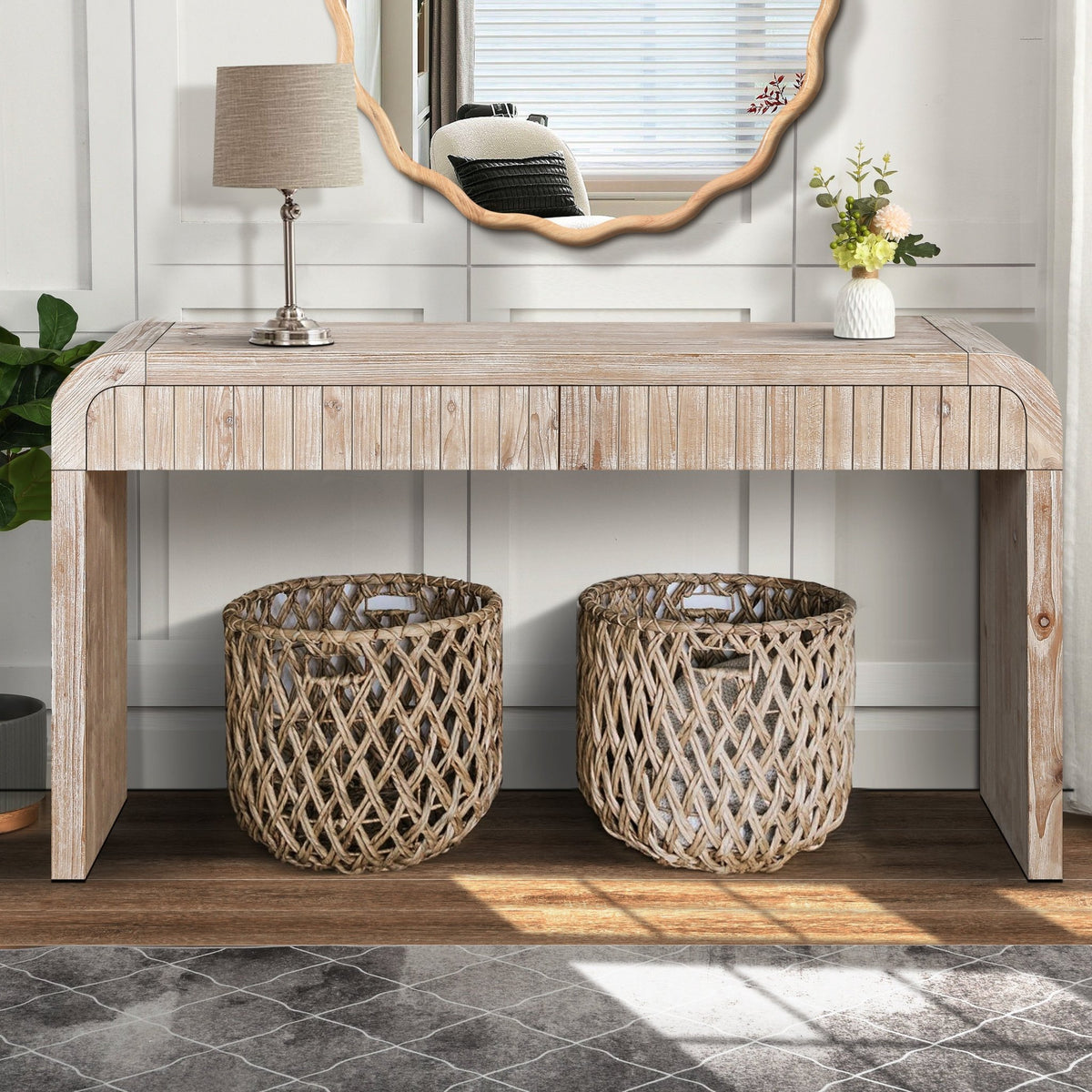 Heritage solid wood console table with hidden drawers from Anthony & Home, showcasing a sleek, functional design for entryways or living rooms.