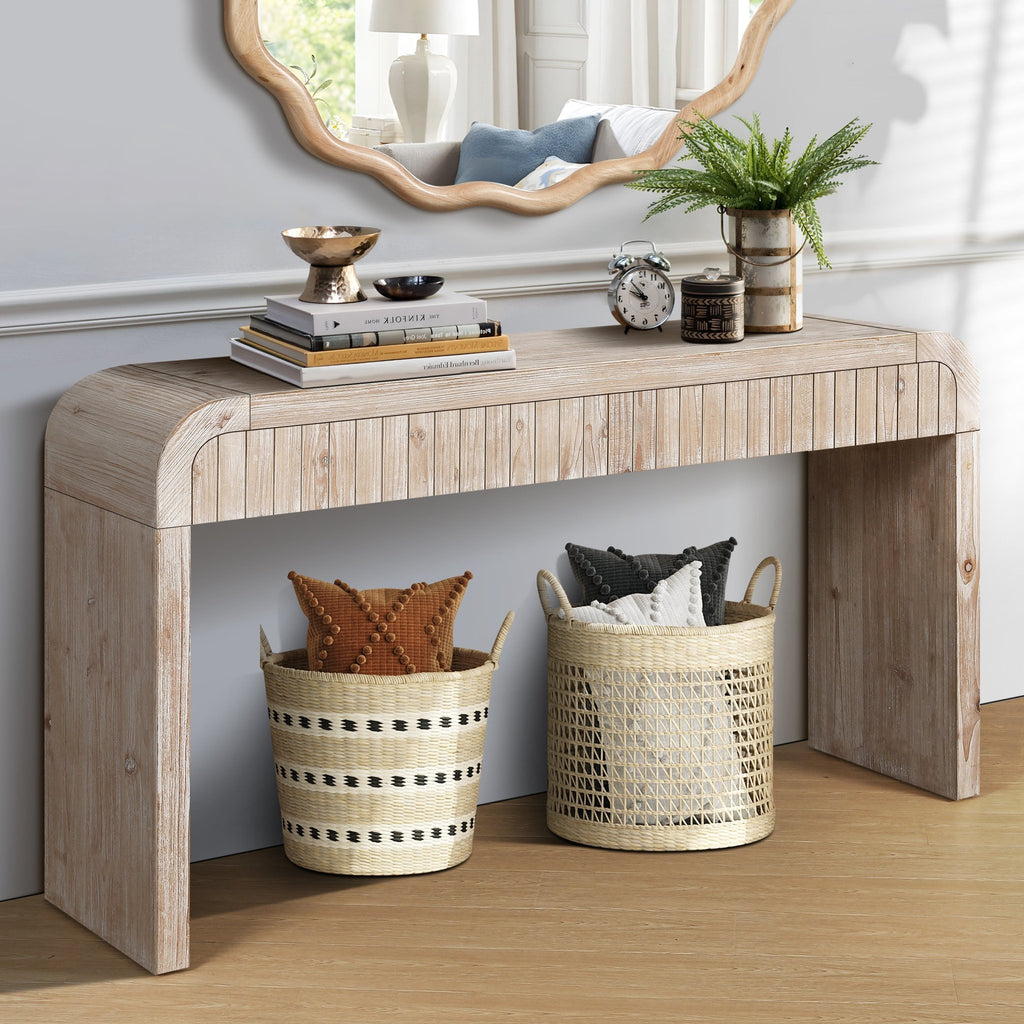 Anthony & Home heritage solid wood console table with hidden drawers, showcasing a sleek design and natural wood finish.
