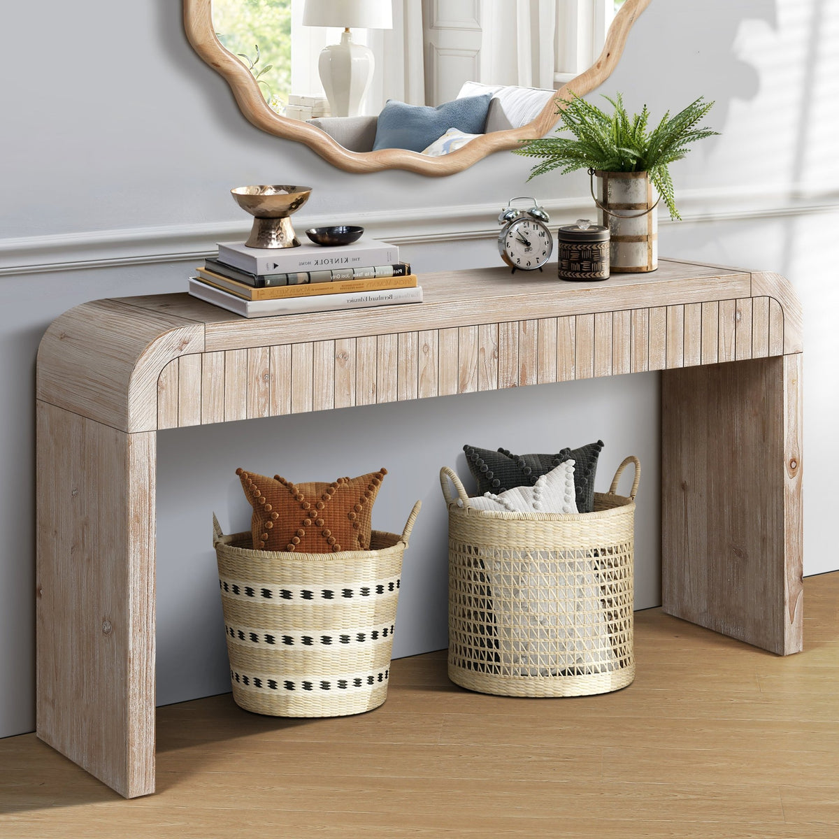 Anthony & Home heritage solid wood console table with hidden drawers, showcasing a sleek design and natural wood finish.