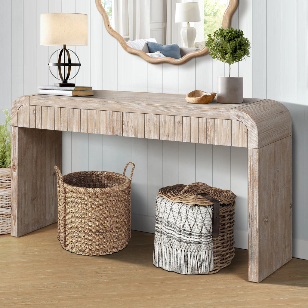 Heritage solid wood console table with hidden drawers by Anthony & Home, featuring a sleek design and natural wood finish.