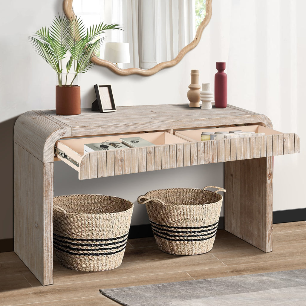 Heritage solid wood console table with hidden drawers by Anthony & Home, showcasing a sleek design and natural wood finish.