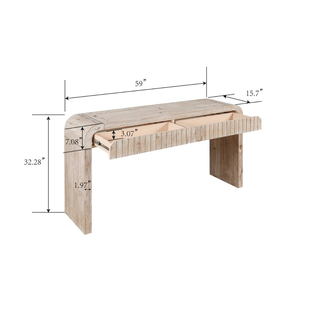 Heritage solid wood console table by Anthony & Home with hidden drawers, showcasing a sleek design and natural wood finish.