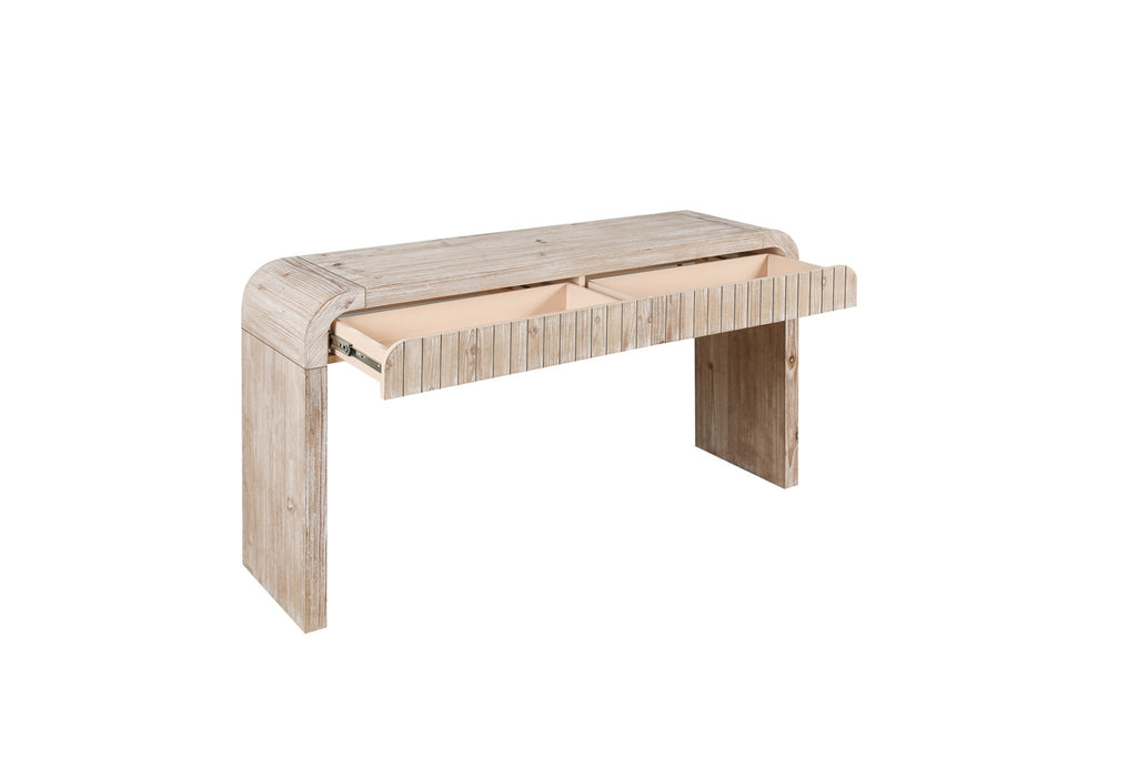Heritage solid wood console table by Anthony & Home with hidden drawers, showcasing a sleek design and natural wood finish.