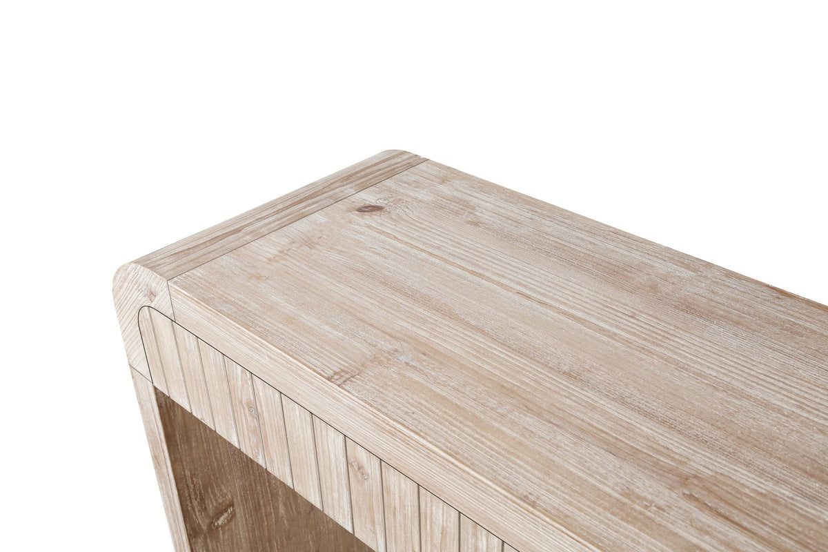 Heritage solid wood console table with hidden drawers by Anthony & Home, showcasing a sleek, natural wood finish and elegant design.